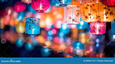 Lantern Festival Under the Full Moon, with Lanterns of Various Shapes ...