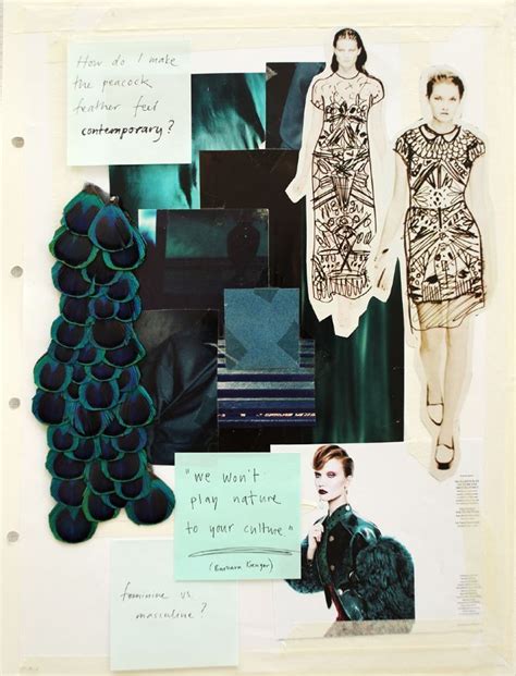 Fashion Sketchbook design process; fashion mood board & idea development; peacock feather theme ...