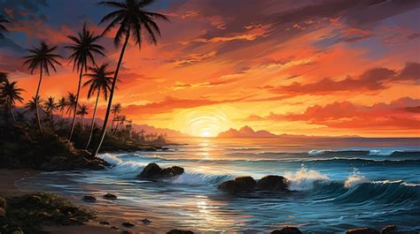 Premium AI Image | a painting of a sunset over the ocean