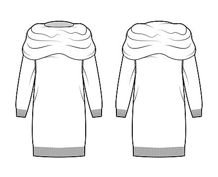 Exaggerated Turtleneck Sweater Dress With Knit Trim Template Girl Oversized Vector, Template ...