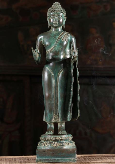 Brass Standing Gupta Style Buddha Sculpture 16" (#105bb28a): Lotus Sculpture