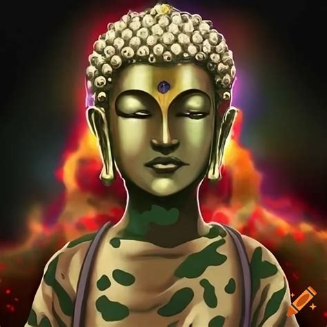 Buddha statue in camouflage attire