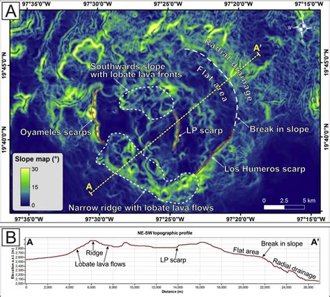 Slope map (A) and topographic profile (B) calculated from the 30 m... | Download Scientific Diagram