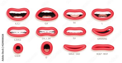 3d Lip sync character mouth animation. Lips sound pronunciation chart. Lip sync for cartoon ...