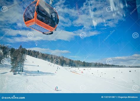 View from Gondola Cabins of Cableway Lift on Winter Snowy Mountains Background Beautiful Scenery ...