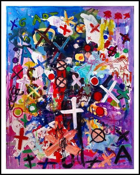 an abstract painting with many different colors and symbols on it's ...