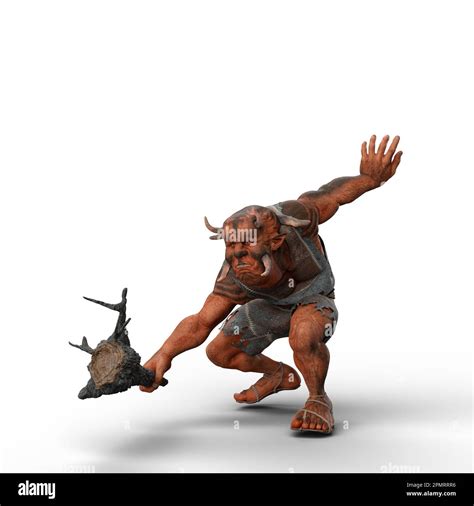 3D illustration of a Troll in battle with a wooden club weapon isolated ...