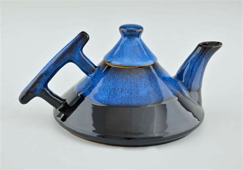 Handmade Pottery Art Deco Teapot with 4 Cups in Blue with Black