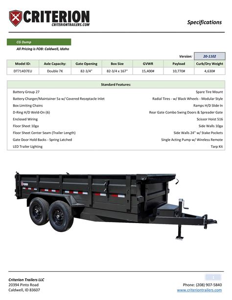 Specifications – Utility Dump | Criterion Trailers LLC