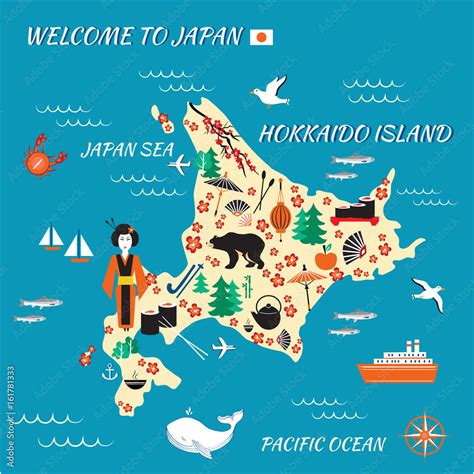 Japan cartoon travel map, vector illustration, Hokkaido island, japanese symbols blossom sakura ...