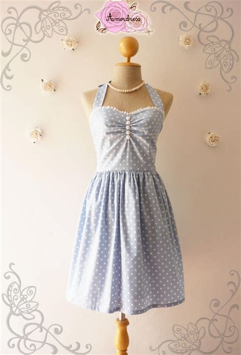 Pale Blue Dress Tea Length Dress Classic Polka Dot Dress Bridesmaid Party Dress Once Upon A Time ...