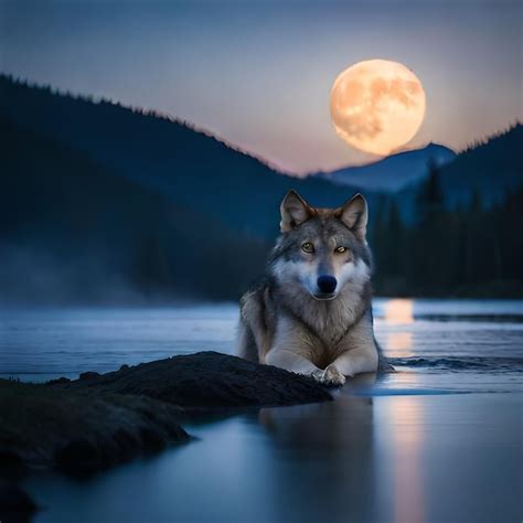 Premium AI Image | A wolf is laying on a rock in front of a full moon.