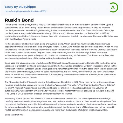 Ruskin Bond Essay Example | StudyHippo.com