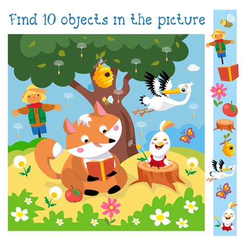 Find 10 hidden objects. Educational game for children. Fox read book, chicken blow on dandelion ...