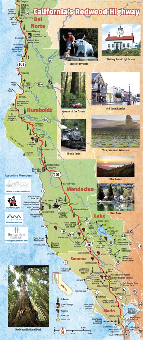 Redwood Highway Map | The North Coast Region Of California - California Redwoods Map | Printable ...