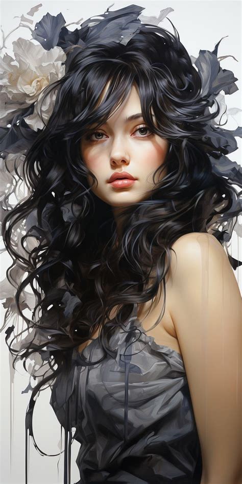 a painting of a woman with long black hair