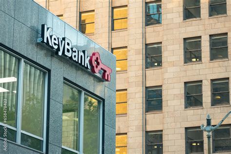 Seattle, WA, USA - September 30, 2023: The Key Bank sign and logo on its building in downtown ...