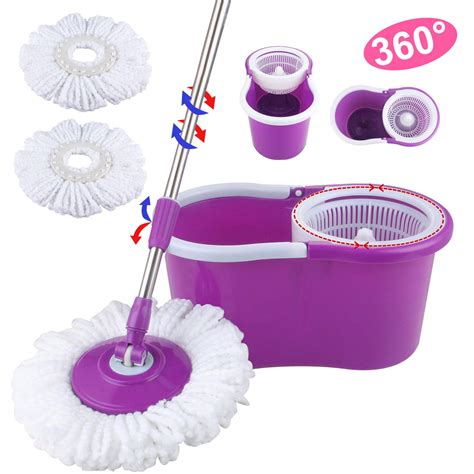 Easy Magic Floor Mop 360°Bucket 2 Heads Microfiber Rotating Spinning ...