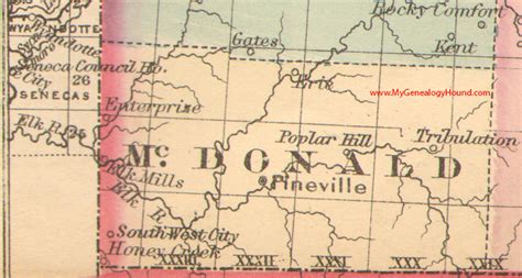 McDonald County, Missouri 1876 Map Pineville, Honey Creek