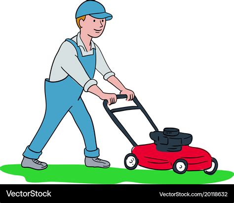 Gardener mowing lawn cartoon Royalty Free Vector Image