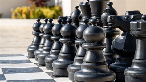 Black Chess Pieces Lined Up at the Start of a Game Stock Photo - Image ...