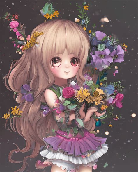 Wunderliches, detailliertes japanisches Fantasy-Chibi-Anime-Mädchen mit Blumen und Glitzer ...