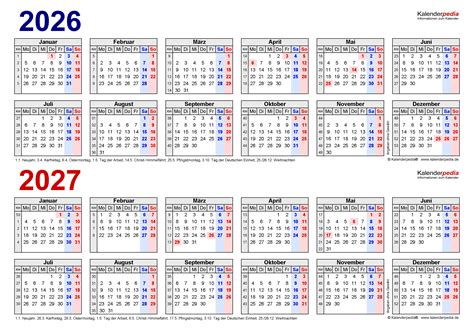Zweijahreskalender 2026 und 2027 als Excel-Vorlagen zum Ausdrucken