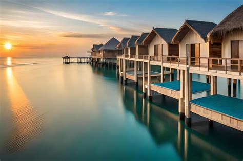 Premium Photo | Beach huts on the water at sunset