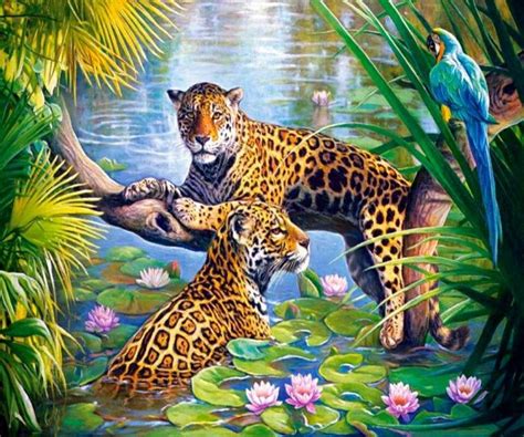 Leopards with a beautiful scenery | Big cats art, Animal paintings ...