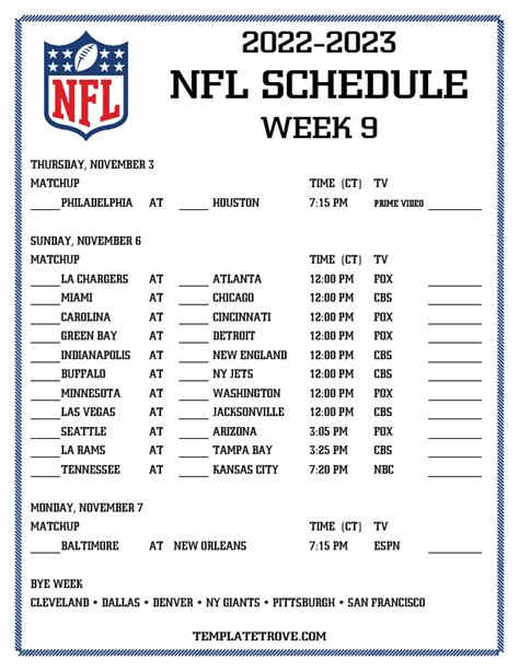 Printable 2022-2023 NFL Schedule Week 9