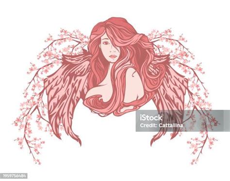 Winged Angel Woman Among Cherry Blossom Pink And White Vector Portrait ...