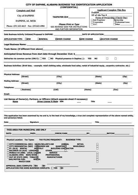 Business Tax Identification Application - City Of Daphne printable pdf ...