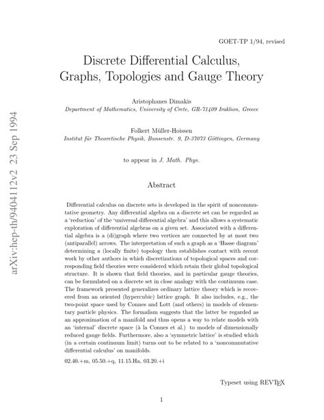 (PDF) Discrete differential calculus: Graphs, topologies, and gauge theory