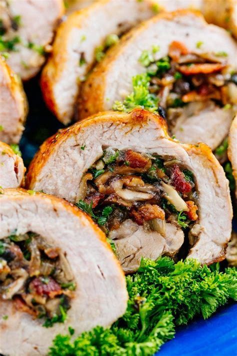 A juicy and easy Stuffed Pork Tenderloin loaded with mushrooms and bacon. This pork roulade ...