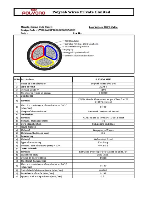 Polycab 300mm 3 Core Aluminium Armoured Cable Specification Sheet | PDF ...