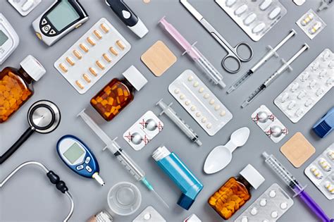 Flat Lay Of Various Medical Supplies On Gray Background Stock Photo - Download Image Now - iStock