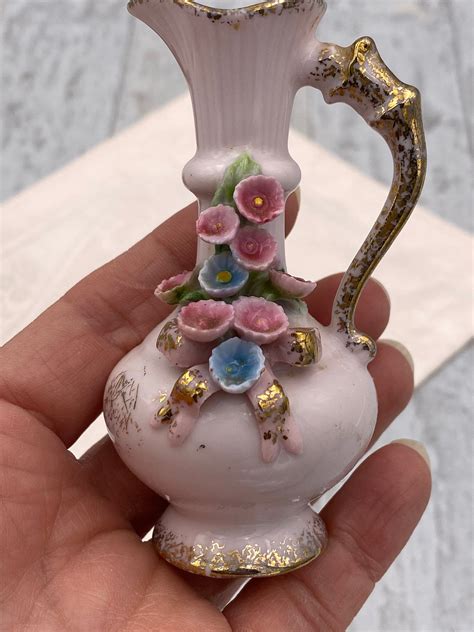 Miniature Pink Porcelain Vase, Applied Roses Vintage Lefton pitcher, shabby chic, gift for her