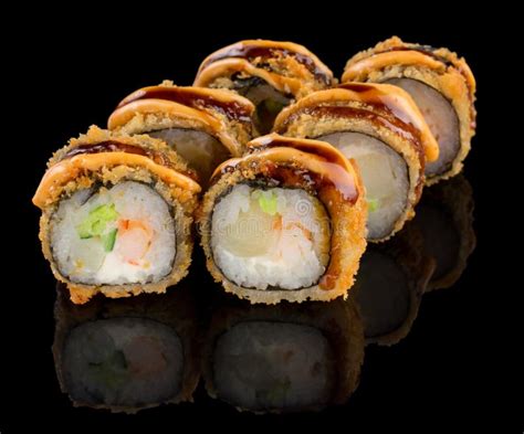 Hot Fried Uramaki Sushi Roll With Shrimp, Scallop, Cheese, Cucumber, Avocado And Sauce Isolated ...