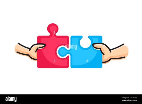 Connect two puzzle pieces. Hands putting two puzzle pieces together. Family concept. Vector ...