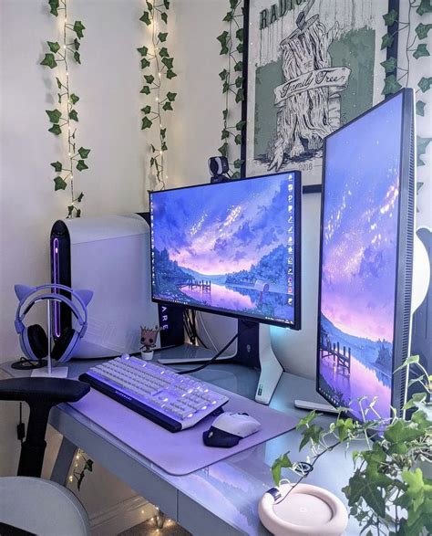 two computer monitors sitting on top of a desk next to a keyboard, mouse and plant