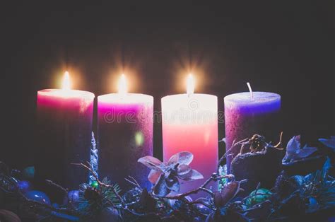 Advent Candles Burning, Copy Space, Isolated, Black Background Stock Photo - Image of background ...