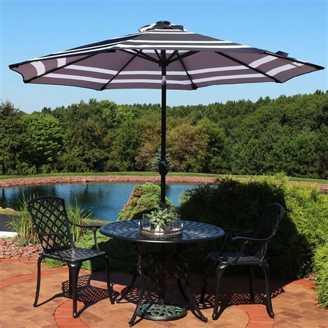 Sunnydaze 9 Foot Outdoor Patio Umbrella with Solar Lights & Tilt/Crank, LED, Navy Blue Stripe ...