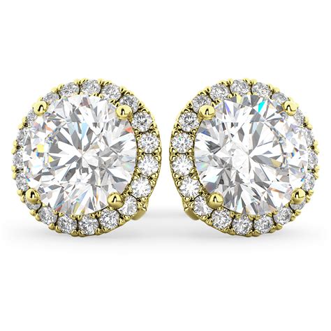 Halo Round Moissanite & Diamond Earrings 14k Yellow Gold 3.77ct - AD4834