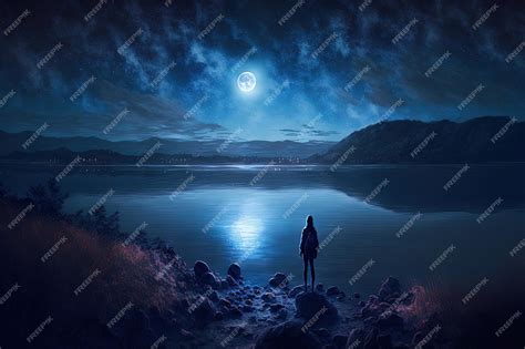 Premium Photo | Digital art painting of a moonlit lake and a young woman