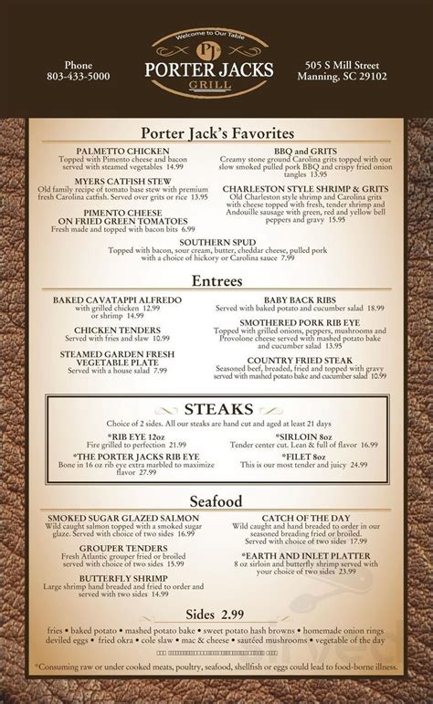 Porter Jacks Grill menu in Manning, South Carolina, USA