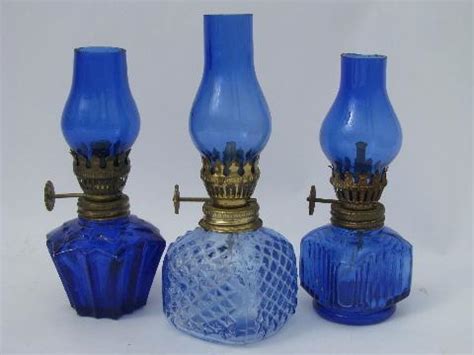 vintage little glass oil lamps w/ shades, cobalt blue mini lamp lot