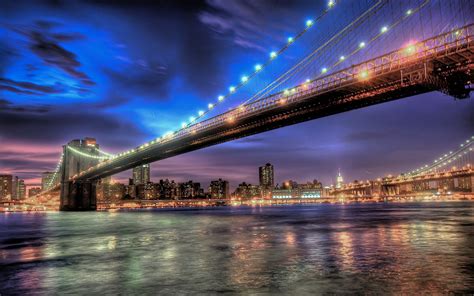 Download Light Night City Bridge New York Man Made Brooklyn Bridge 4k ...