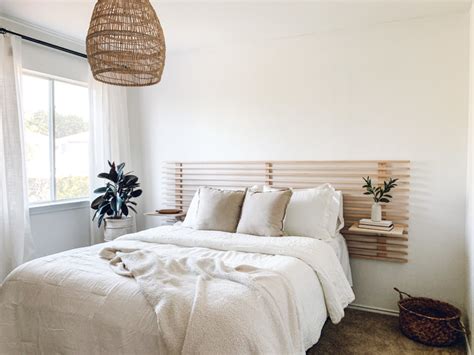 DIY Minimal, Horizontal Wood Slat Headboard + Floating Nightstands