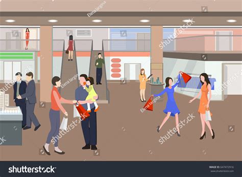 Shopping Mall Cartoon Illustration Silhouettes People 스톡 벡터(로열티 프리 ...