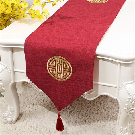 Vintage Embroidery Joyous Chinese Linen Table Runner Christmas Wedding Decoration Ethnic ...